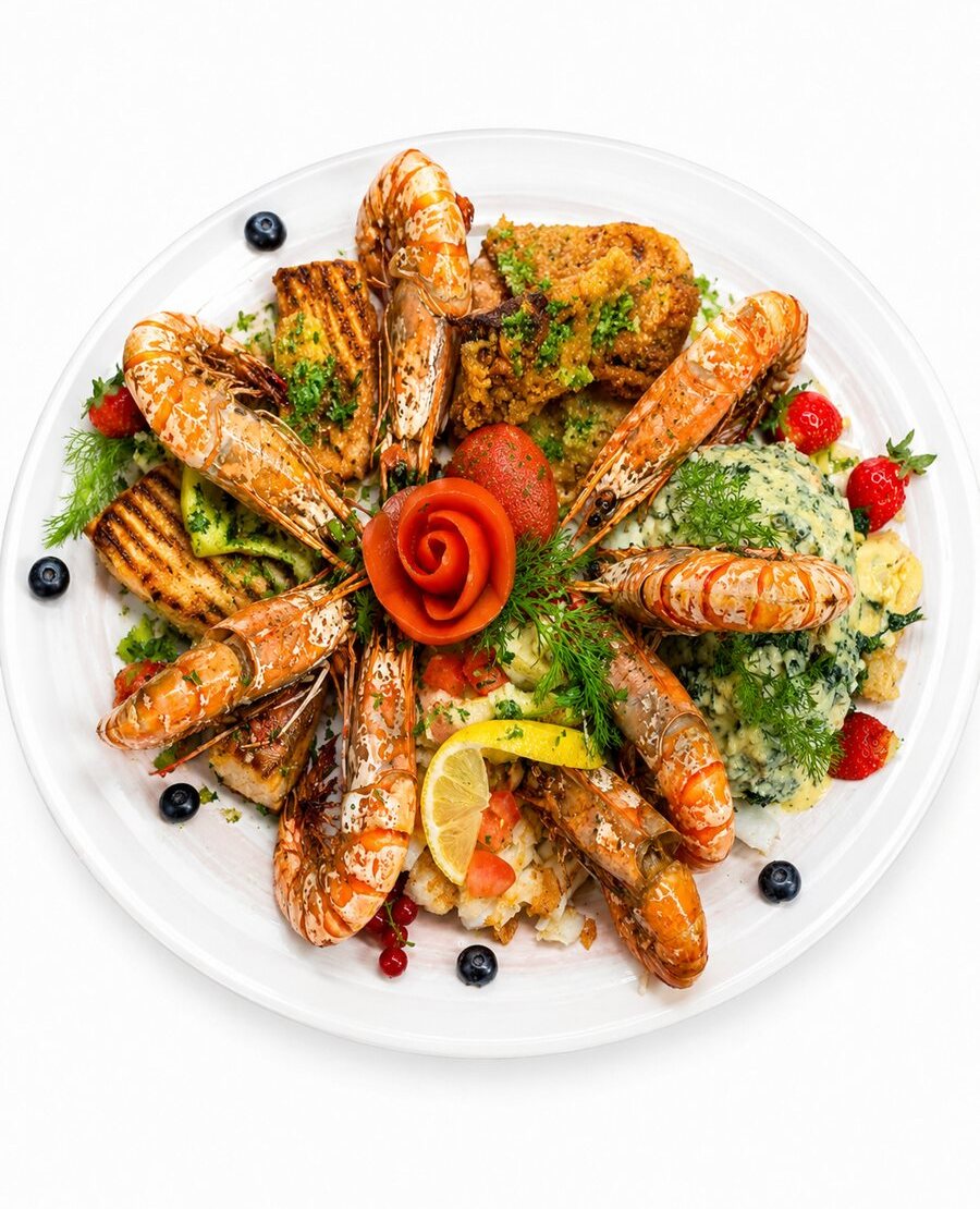 Platte mit gegrillten Garnelen und Fisch