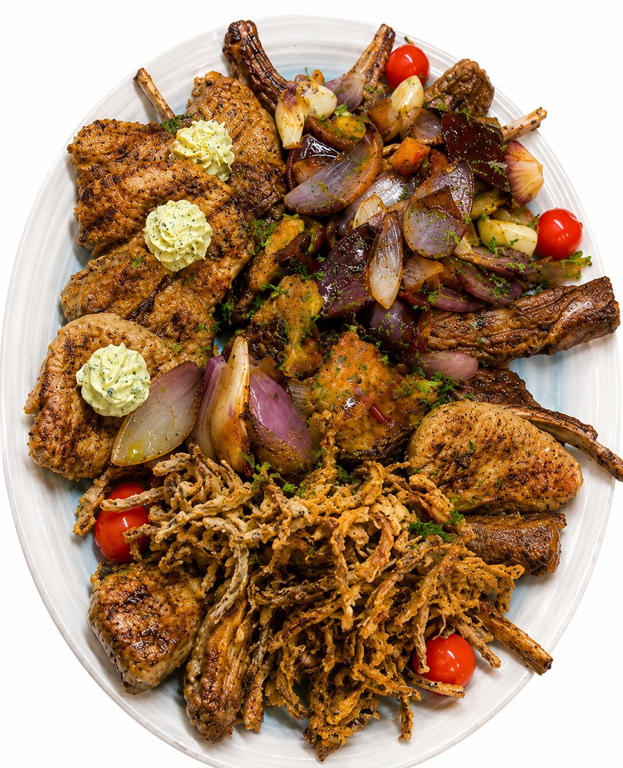 Grillplatte mit Fleisch vom Holzkohlegrill