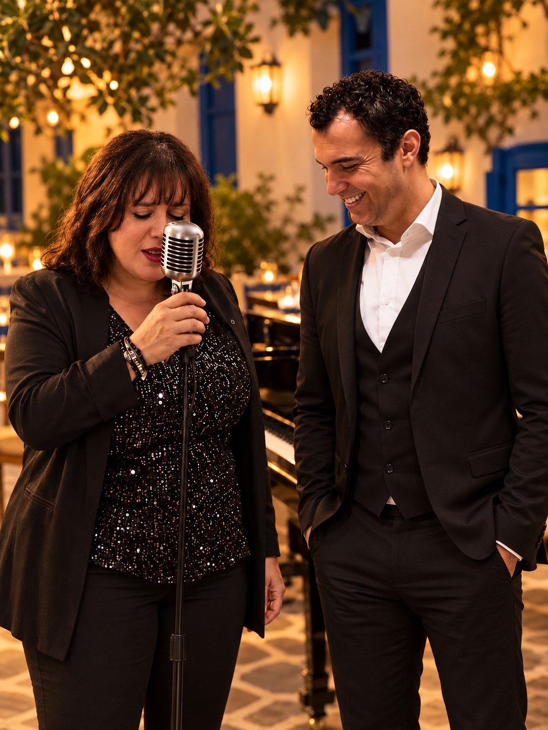 Vasiliki Bartza am Mikrofon, Christos Pazaroglou am Flügel